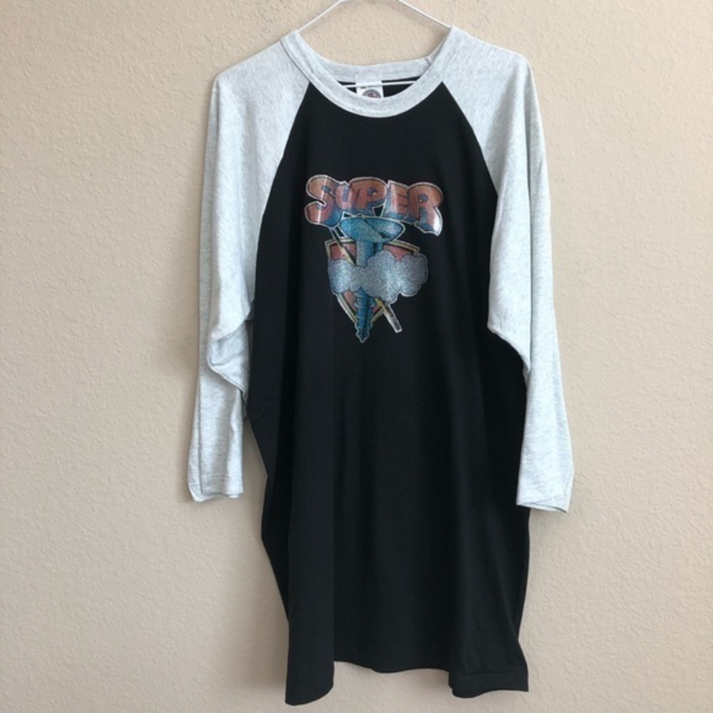 Vintage 1980s Super Screw Glitter Iron-On On Black & Gray Raglan Baseball Shirt